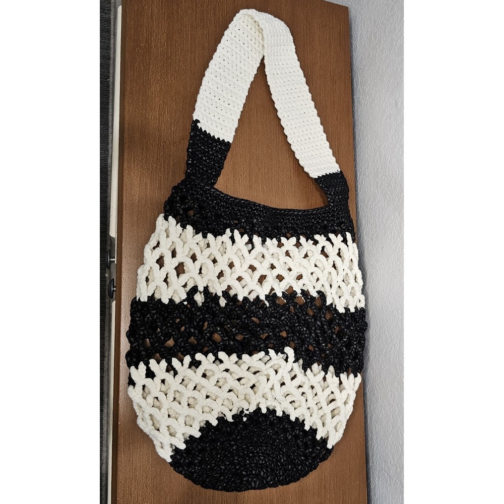 Crocheted Slouch Shoulder Bag Black And White Boho, Beach Bag, Market Bag